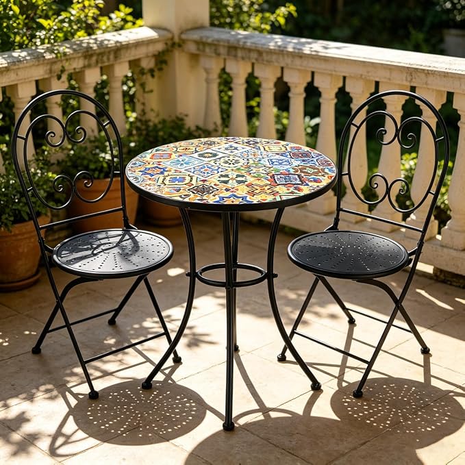 3 Piece Bistro Sets Mosaic Tile Round Table Folding Chairs Garden | Set of 3 Patio Furniture 23.6" Table and 2 Chairs Outdoor Bistro Chairs Artistic Table for Balcony Porch Apartment Backyard