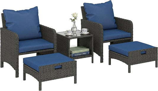 Outsunny 5 Piece Patio Furniture Set, Wicker Balcony Furniture with 23.6" Wide Deep Seat, 2 Ottomans, Glass Coffee Table, Cushions, Rattan Outdoor Conversation Patio Set for Garden Porch, Navy Blue