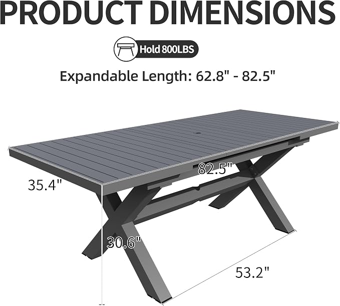 TWT Expandable Dining Table Set for 6 to 10, Aluminum Outdoor Rectangular Patio Metal Table with Umbrella Hole for Backyard Porch, Poolside and Garden, Easy Assembly, Dark Grey