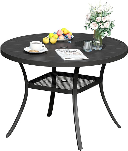DIFY Patio Round Dining Table, 42" All Weather Round Outdoor Table with 1.57" Umbrella Hole for 4 Person, Perfect for Balcony Garden and Backyard, Black