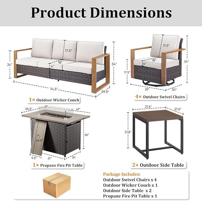 Patio Furniture Set with Fire Pit Table, 8-Piece Outdoor Wicker Sofa and 4 Swivel Chairs, All-Weather Conversation Set for Backyard, Deck and Poolside Beige
