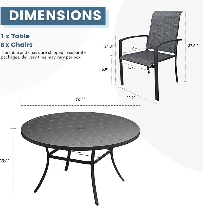 DIFY 9 Pieces Outdoor Dining Set for 8, 53" Round Dining Table with Umbrella Hole and Textilene Stackable Patio Chairs, Metal Patio Table and Chairs Set for Garden Backyard Poolside, Black