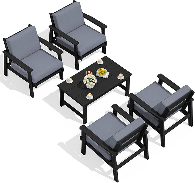 SERWALL Outdoor Patio Furniture Set, 5 Piece HDPE Patio Conversation Sets, All-Weather Wood-Like Outdoor Couch Loveseat and Coffee Table with Thick Cushions for Porch Balcony Garden Backyard