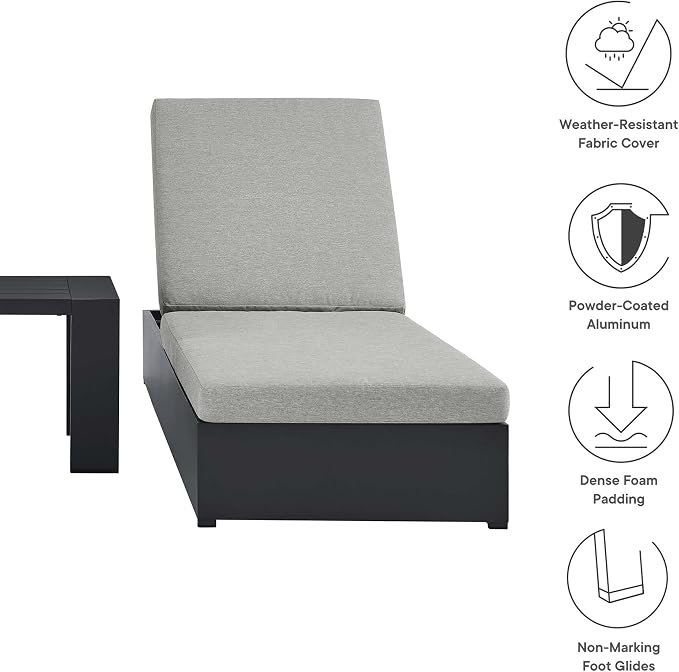 Modway Tahoe Aluminum Outdoor Patio Set of 2 Chaise Side Gray, 3-Piece Set of Pool Lounge Chairs and Accent Table for Backyard Furniture