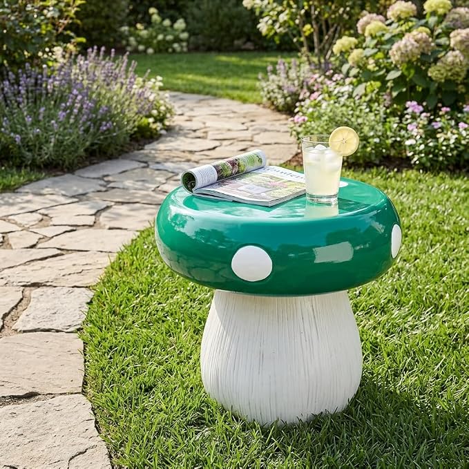 13.8" Mushroom House Resin Stool, Forest Mushroom Sculpture Stool, Multi-Purpose Decorative Furniture, Indoor Outdoor Garden Lawn Courtyard Summer Decoration (Green Mushroom)