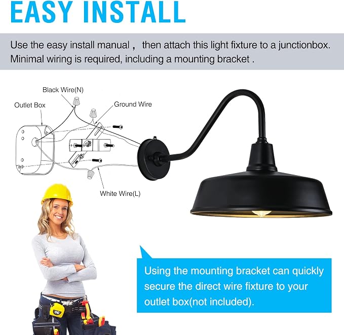 Gooseneck Barn Light, 15inch Dusk to Dawn Black Outdoor Wall Sconce | Weatherproof Steel Exterior Large Lighting Fixture, E26 Base, Easy DIY Install for Porch, Garage, Barn, Farmhouse(1 PC)
