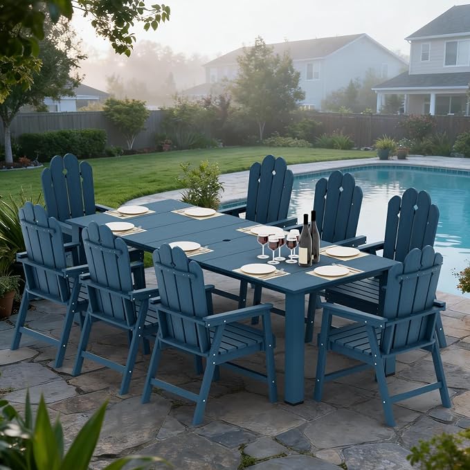 9 Piece HDPE Outdoor Dining Set for 8, Patio Table Chairs,Navy | 89.4” table,8 person outdoor table and chairs set, fade resistant HDPE, strong structure built for backyard entertaining