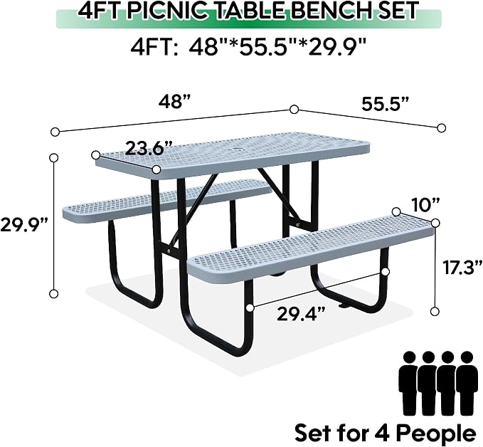 4FT Rectangular Metal Picnic Table for Outdoors, Commercial Steel Metal Picnic Tables, Heavy Duty Sturdy Picnic Tables Furniture Set for Patio Garden Courtyard BBQ, with Umbrella Hole, Grey