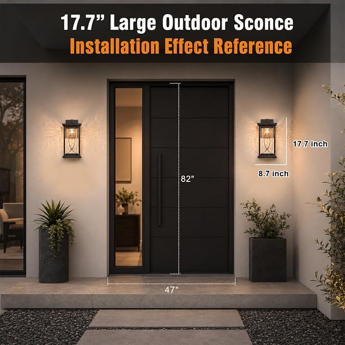 18" Extra Large Outdoor Sconce with photocell Sensor Coach Lantern Modern Large Exterior Light Fixture Waterproof Black Metal with Crack-Like Glass Dusk to Dawn Mission Outside Proch Light