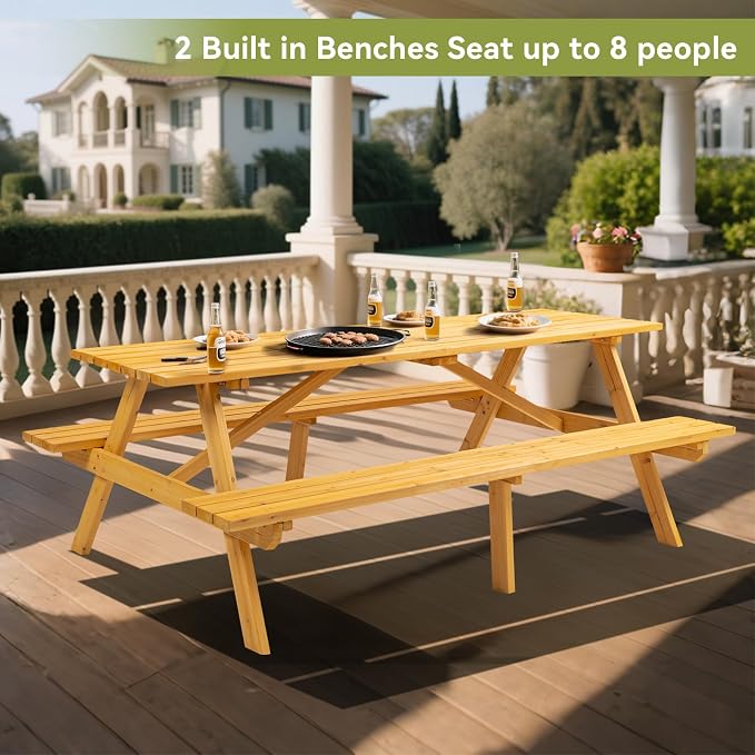 75" Rectangular Outdoor Picnic Table with Built-in Benches & Umbrella Hole,8-Person Heavy-Duty Solid Wood Dining Table,2220lb Capacity Natural for Camping, Garden & BBQ Social Events