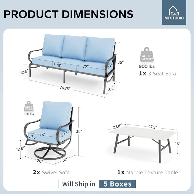 MFSTUDIO 4 Pieces Patio Conversation Sets(5 Seat), Outdoor Metal Furniture Sofa Set with 1 Loveseat(3 Seat), 2 Swivel Chairs, 1 Coffee Table, Steel Frame Patio Sets with Blue Cushion for Garden