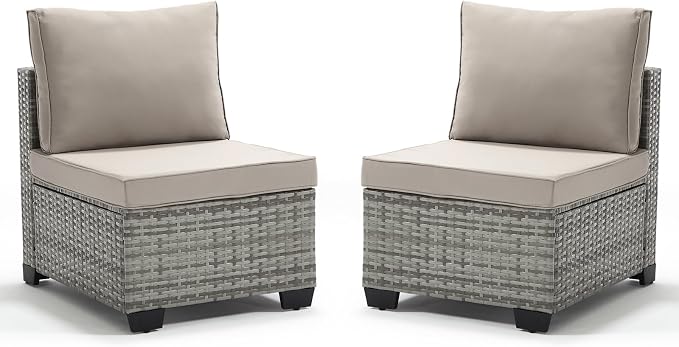 ANJ Outdoor Wicker Patio Chairs Set of 2, Modular Armless Patio Seating with Thick Cushions, All-Weather Rattan Conversation Chair Set for Porch, Balcony, Garden, Backyard, Light Grey Wicker-Grey
