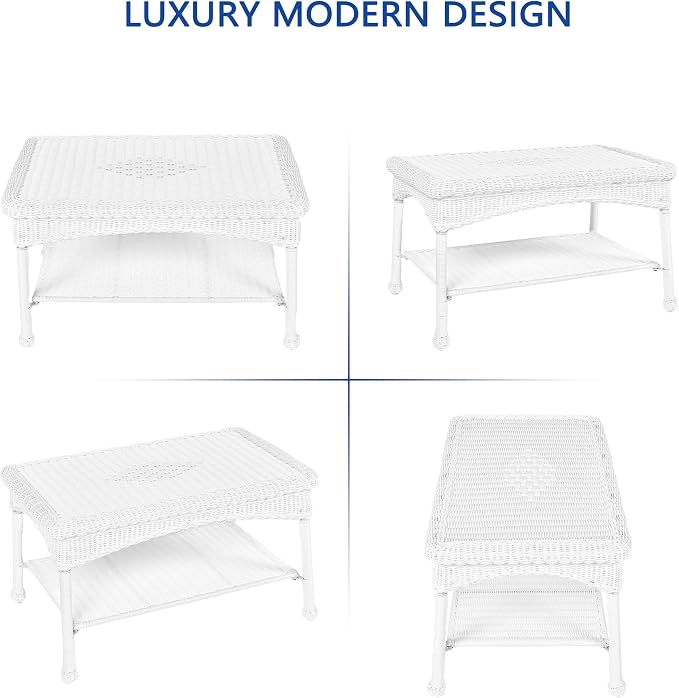 Jeco Wicker Patio Love Seat and Coffee Table Set without Cushion, White