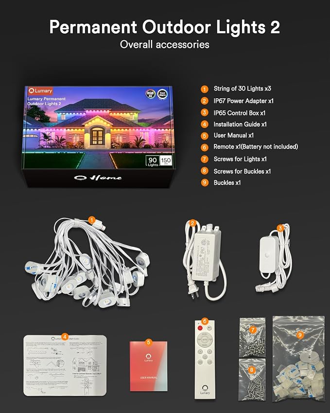 Lumary Permanent Outdoor Lights 2 with Remote, 150ft RGBAICW Outdoor Lights | 16 Million Color, IP 67 Waterproof, Work with Alexa Google, 110+ Scene Modes for Outdoor House Patio Area, 90 RGBAICW LEDs