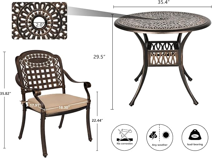 Grepatio 3 Piece Bistro Set Outdoor Cast Aluminum Patio Dining Set Table and Chairs Outside Bistro Furniture 2 Mesh Dining Chairs with Khaki Cushion and 1 Umbrella Table for Lawn Garden