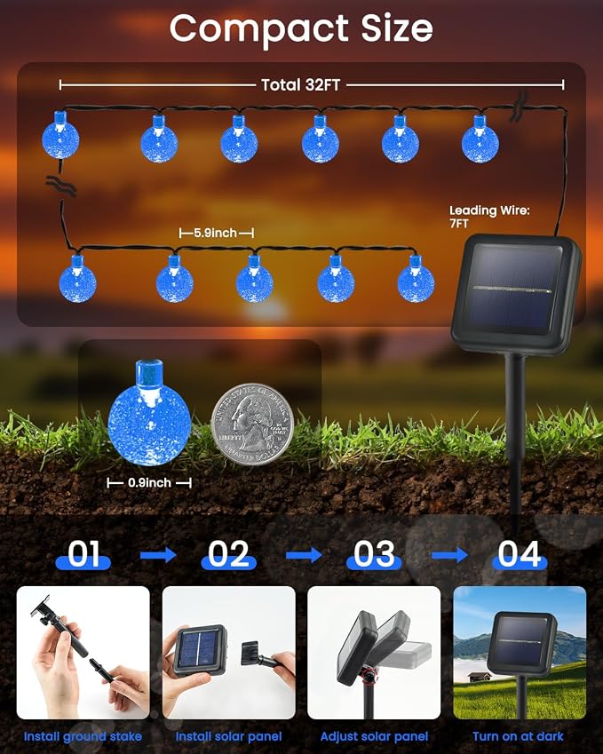 Solar String Lights Outdoor Waterproof 2 Pack 120 LED 72FT Patio Lights | Blue Crystal Globe, 8 Lighting Modes, Auto On/Off, Solar Powered String Light for Outside Yard Wedding Party Tree Decorations