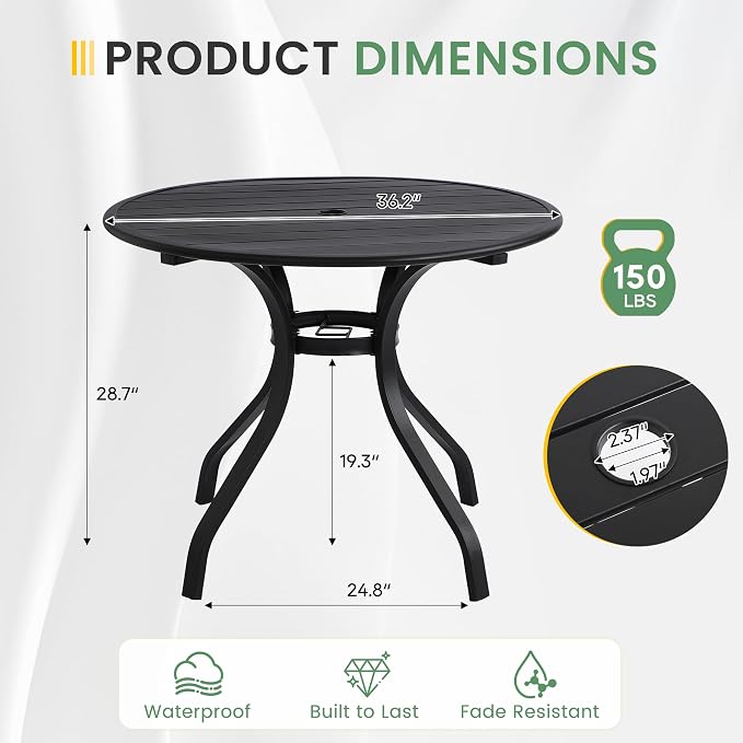 LVUYOYO Outdoor Round Patio Dining Table, Metal Round Table with Umbrella Hole, All-Weather Furniture for Backyard, Garden, Balcony, Porch (Black)