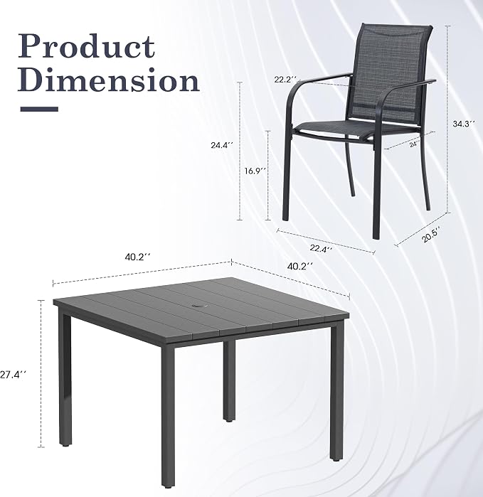 Patio Table and Chairs Set for 4, Outdoor Dining Set with 4 Stackable Dining Chairs and 40.2" x 40.2" Patio Square Dining Table for Backyard, Deck, Lawn, Garden, Grey & Dark Grey