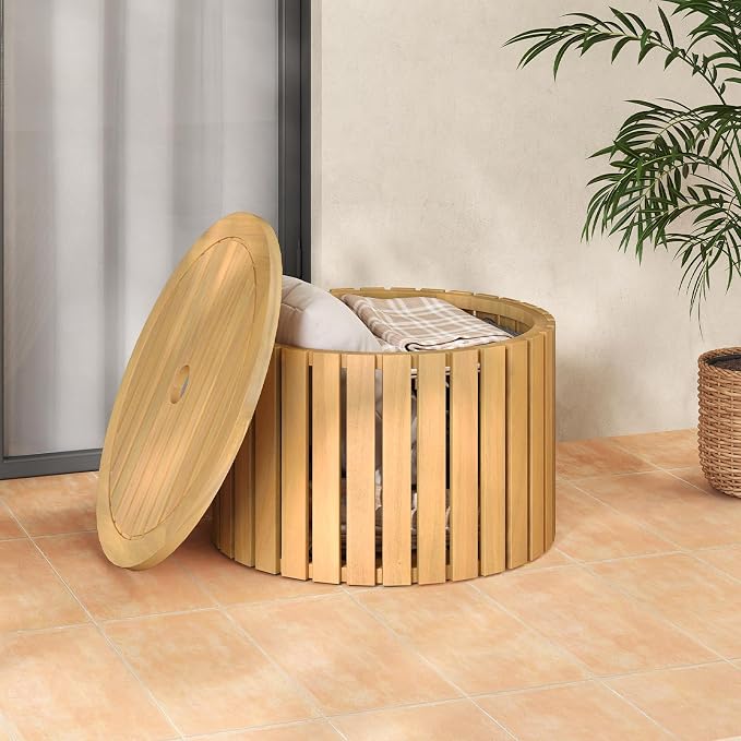 HAPPYGRILL Outdoor Side Table with Umbrella Hole, Acacia Wood End Table with Storage, Removable Base, Patio Storage Box for Backyard, Balcony, Poolside (Round)