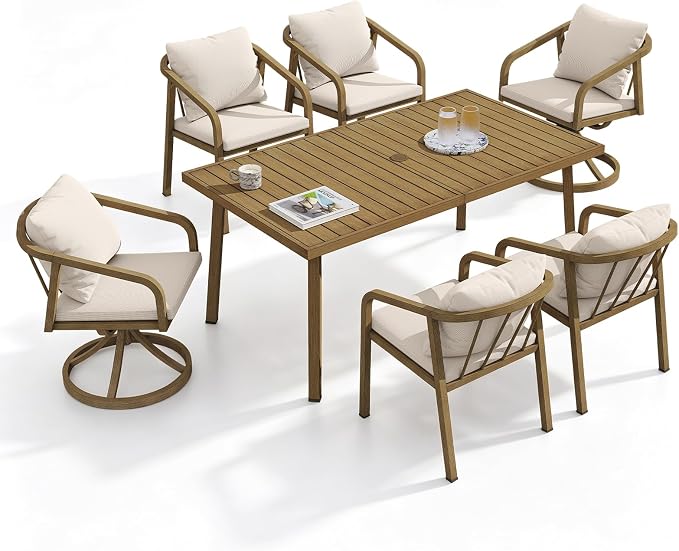 7 Pieces Outdoor Dining Set, Never-Rust Aluminum Patio Dining Set for 6, Patio Dining Table Set with 2 Swivel Chairs, 4 Dining Chairs, Outdoor Furniture Set for Commercial, Deck, Garden, Teak