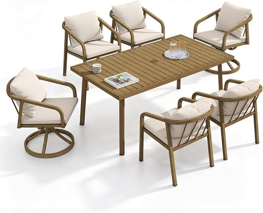 7 Pieces Outdoor Dining Set, Never-Rust Aluminum Patio Dining Set for 6, Patio Dining Table Set with 2 Swivel Chairs, 4 Dining Chairs, Outdoor Furniture Set for Commercial, Deck, Garden, Teak