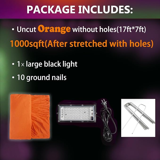 Glow in the dark Purple 1000 Sqft Uncut Giant Spider Web Halloween Decorations Outdoor with 1 Black Light &10 Ground Nails Stretchy Beef Cloth Netting DIY Flexible Elastic for Yard Party Decor