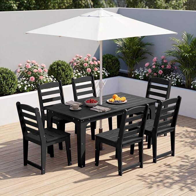69" HDPE Rectangle Outdoor Dining Table for 6 Person, Black | Weather-Resistant Patio Furniture with Metal Support Bars and Umbrella Hole Cut-Out for Poolside Garden Backyard Deck