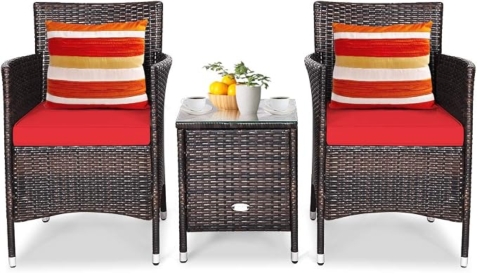 Tangkula Patio Furniture Set 3 Piece, Outdoor Wicker Rattan Conversation Set with Coffee Table, Chairs & Thick Cushions, Suitable for Patio Garden Lawn Backyard Pool (Red)