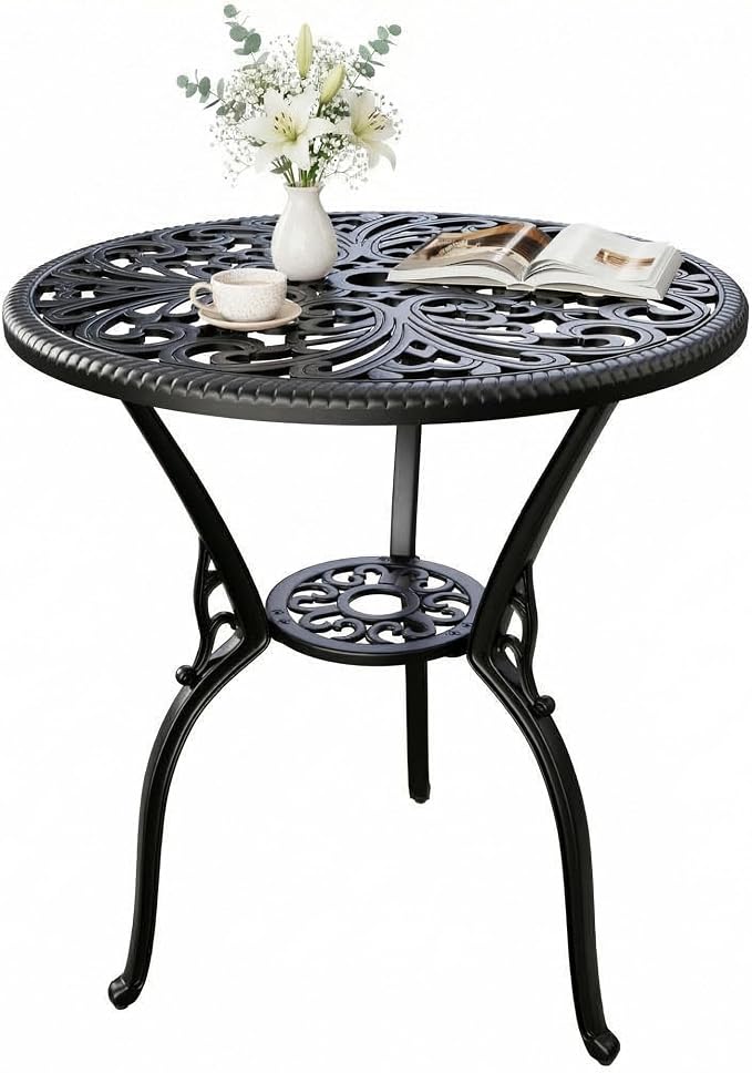 Garvee 23" Round Patio Dining Table with Umbrella Hole,Antique Cast Aluminum Outdoor Bistro Table,Umbrella Table,Side Table,End Table,Outdoor Furniture for Backyard,Garden,Patio,Porch,Black