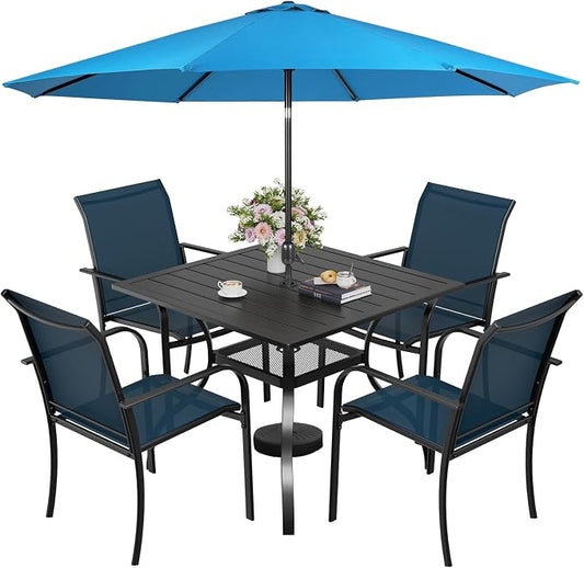 Incbruce 6 Pieces Paito Dining Set with Sky Blue Umbrella, Outdoor Metal Dining Set of 4 Textilene Chairs and Square Table with Umbrella Hole for Garden, Porch and Backyard (Blue)