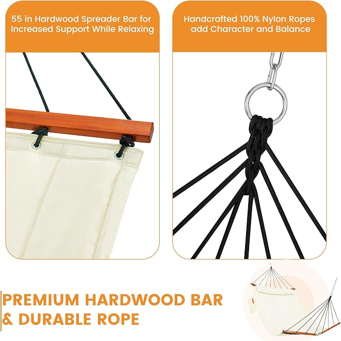 Lazy Daze Hammocks 12FT Quilted Double Hammock with V-Spreader Bar, 2 Person Portable Hammock with Nylon Rope, Side Pocket and Pillow, 450lbs Capacity, Includes Carry Bag for Outside, Natural