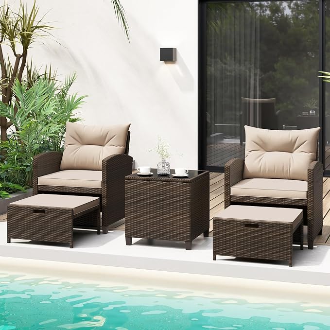 COSTWAY 5-Piece Rattan Conversation Set, Outdoor Wicker Sofa, Tempered Glass Coffee Table & Ottomans for Small Space, Boho Chic Indoor/Outdoor Furniture Set for Poolside, Backyard, Deck (Beige)