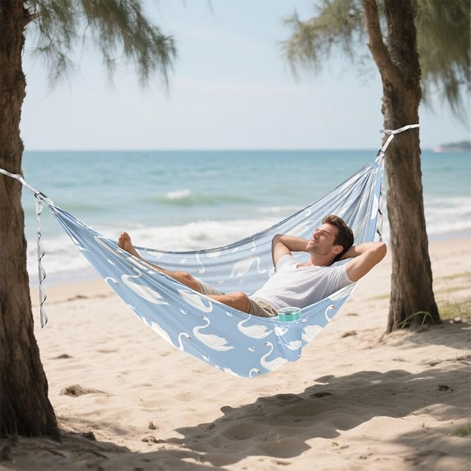 Camping Hammock Outdoor Hammocks for Outside Swan Blue Beach Trees Portable Lightweight with Pockets Tree Straps Indoor