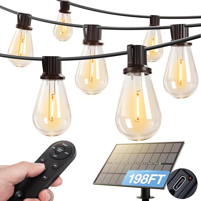addlon 198FT(192FT+6) Solar String Lights Outdoor, Waterproof, Last 20+ Hrs | 68 Shatterproof LED Bulbs, USB Charging, Dimmable, Timer Remote, Easy Install for Garden, Backyard, Pergola and Party