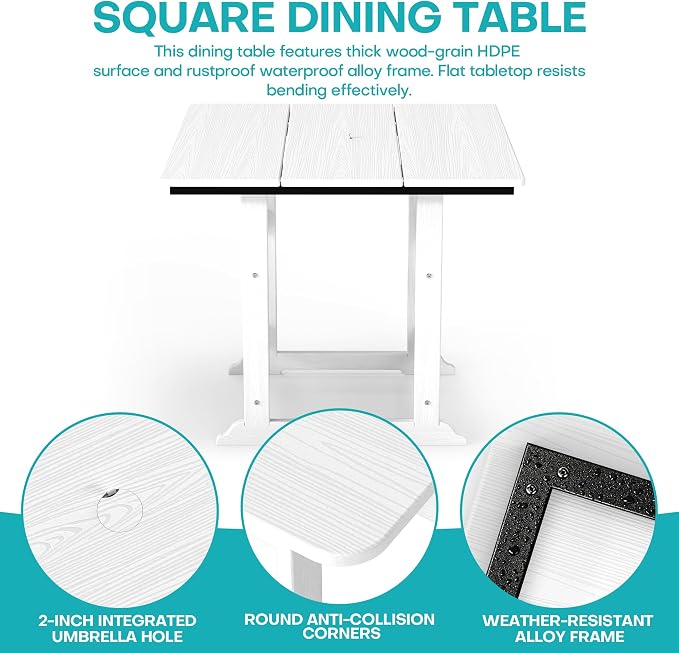 5 Piece Patio Dining Set, HDPE All-Weather Furniture with 4 Chairs & 1 Square Table, for Backyard, Garden, White