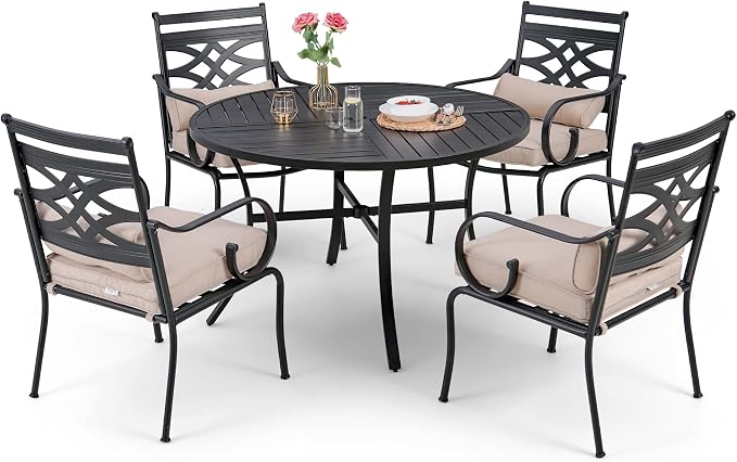 Sophia & William Patio Dining Set, Steel, Black | Umbrella Hole, E-Coated, Cushions Included, For Patio, Garden and Yard