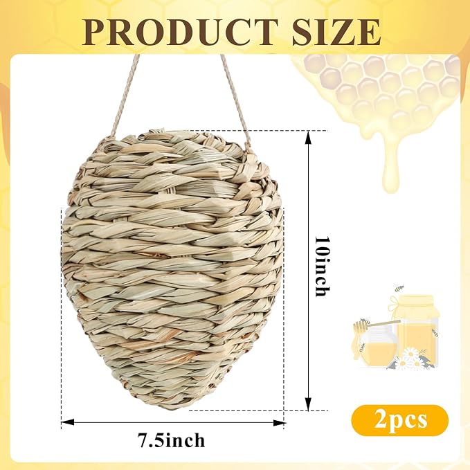 2 Pack Large Fake Wasp Nest Decoy, Woven Reed Wasp Hornet Decoys, Waterproof Faux Hornets Nest, Outdoor Hanging Decoration for Patio, Garden, Eaves