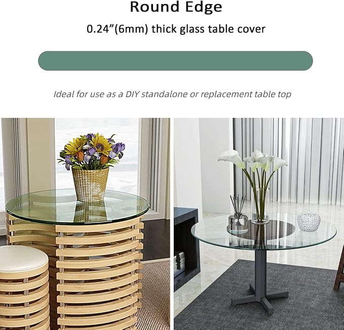 20 Inch Round Transparent Tempered Glass Table Top, Clear Table Surface Protector, Safe 1/4" Thick-Round Polished Edge, Replacement Glass Top for Home, Office, Patio, Outdoor/Indoor