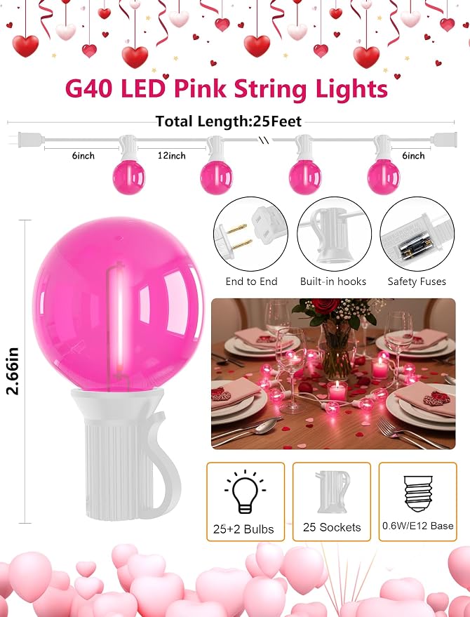 25FT G40 LED Outdoor Valentine's Day String Lights, Pink Valentine's Day Decorations Lights with 27 Shatterproof Pink Globe Bulbs, Hanging Patio Lights Waterproof for Holiday Backyard Party Garden