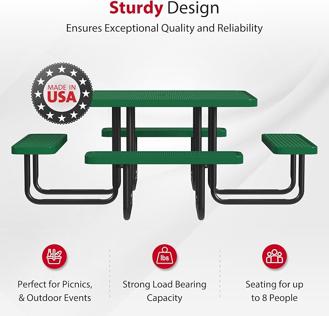 Leisure Craft Metal Picnic Table with Bench - 46" Square Outdoor Dining Table for 8 with Umbrella Hole, Weatherproof Heavy Duty Thermoplastic Coating, Commercial Grade Furniture Made in USA - Green