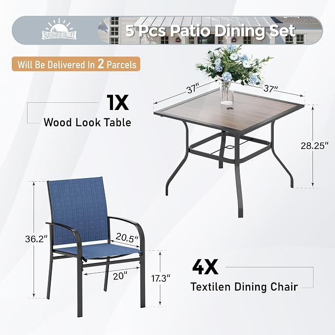 SUNSHINE VALLEY 5 Piece Patio Dining Set for 4, 37”x37” Square Table (PVC Wood-Like Table Top) with 1.57" Umbrella Hole, 4 Metal Blue Chairs, Outdoor Table and Chairs Set for Lawn Backyard and Deck