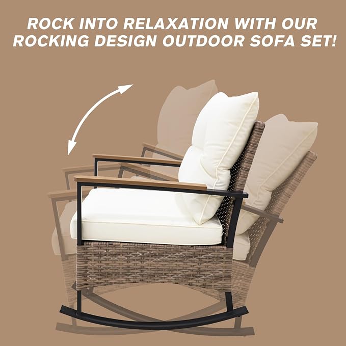 COOS BAY Sunset Haven 3 Piece Outdoor Patio Furniture Set, Rocking Chairs with Side Table, Wicker Patio Bistro Set, Brown/Beige