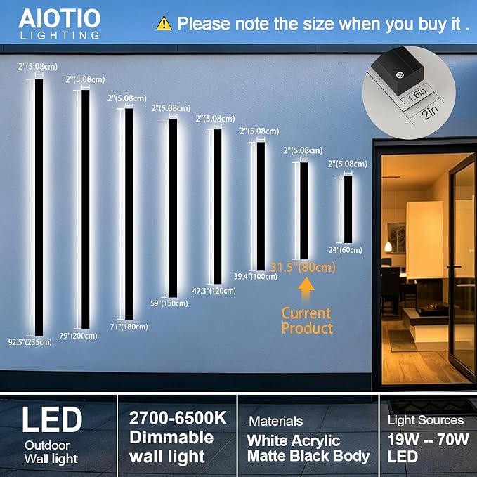 AioTio Outdoor Wall Lights Exterior,31.5inch Black Outdoor Light Fixtures Wall Mount,Waterproof Modern Porch Lights Wall Sconce,Dimmable Long LED Linear Outside Lighting for Garage, Courtyard