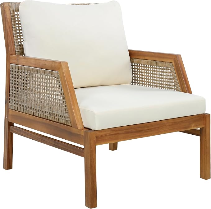 Christopher Knight Home Zura 4 Piece Patio Furniture Set with Removable Cushion, Outdoor Acacia Wood Conversation Set with Ottoman, Outdoor Sectional Sofa Set with Coffee Table, Teak+Cream