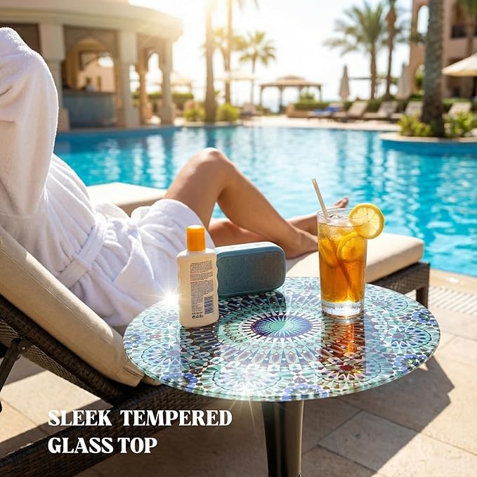 13.4" Outdoor Side Table, Round Patio Bistro Table Printed Tempered Glass Top, Waterproof Rust-Proof Base, Small Plant Stand for Balcony, Garden, Deck, 21.6" H (Blue Morocco)
