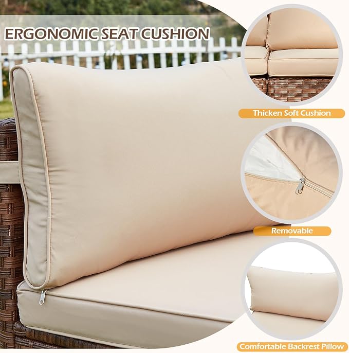 ECOTOUGE Outdoor Patio Furniture, 5 Piece Half-Moon Sectional Round Patio Set, Wicker Lazy Outdoor Sofa Set with Storage Side Table & Coffee Table for Pool Backyard Patio Garden(Beige/Brown)