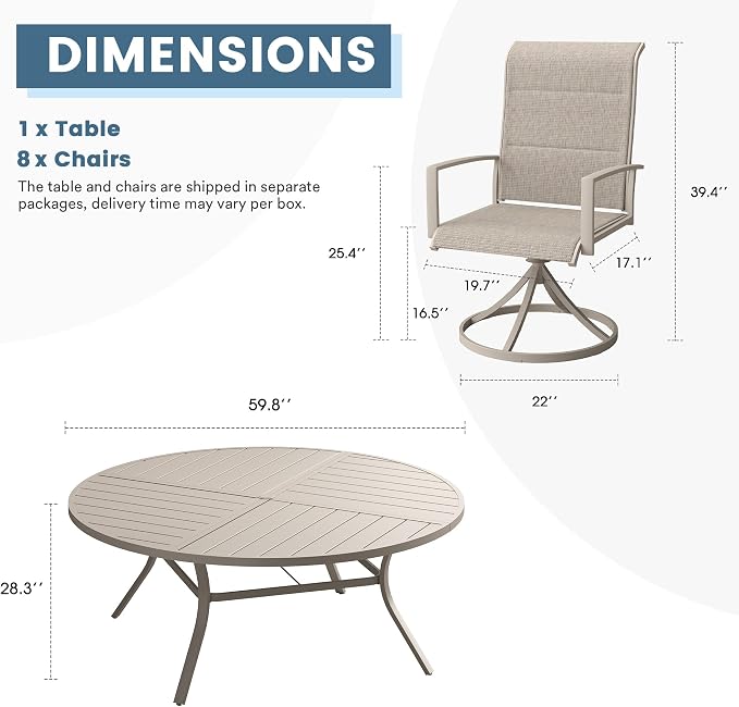 DIFY 9 Piece Outdoor Dining Set, Metal Patio Table and Chairs Set, 59.8" Round Dining Table & 8 Padded Textilene Swivel Patio Chairs, Outdoor Furniture Set for Garden Backyard Porch, Sandshell
