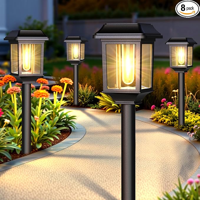 Mancra Solar Outdoor Lights Waterproof, 8 Pack Metal Glass Solar Pathway Lights Outdoor Lighting Garden Decor for Landscape Path Yard Patio Driveway (Warm White)