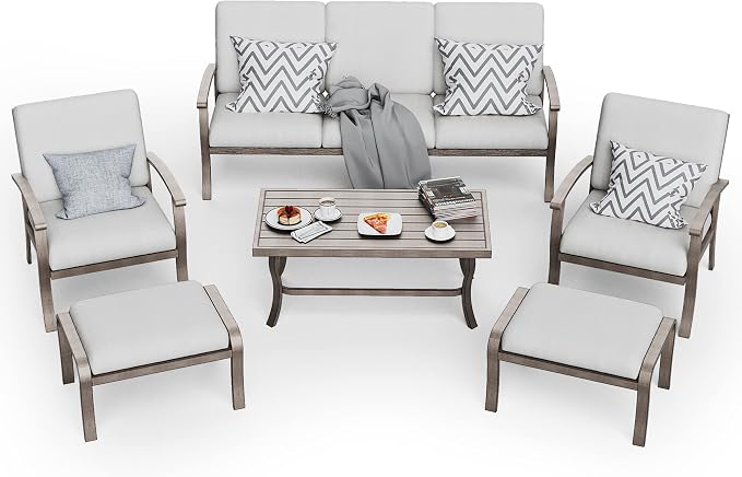 HAPPATIO 6 Piece Aluminum Patio Furniture Set, 3-Seat Outdoor Couch with Ottomans and Armchairs, All-Weather Outdoor Sectional Sofa with Comfortable Cushions and Coffee Table(Gray)