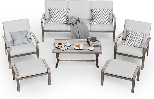 HAPPATIO 6 Piece Aluminum Patio Furniture Set, 3-Seat Outdoor Couch with Ottomans and Armchairs, All-Weather Outdoor Sectional Sofa with Comfortable Cushions and Coffee Table(Gray)